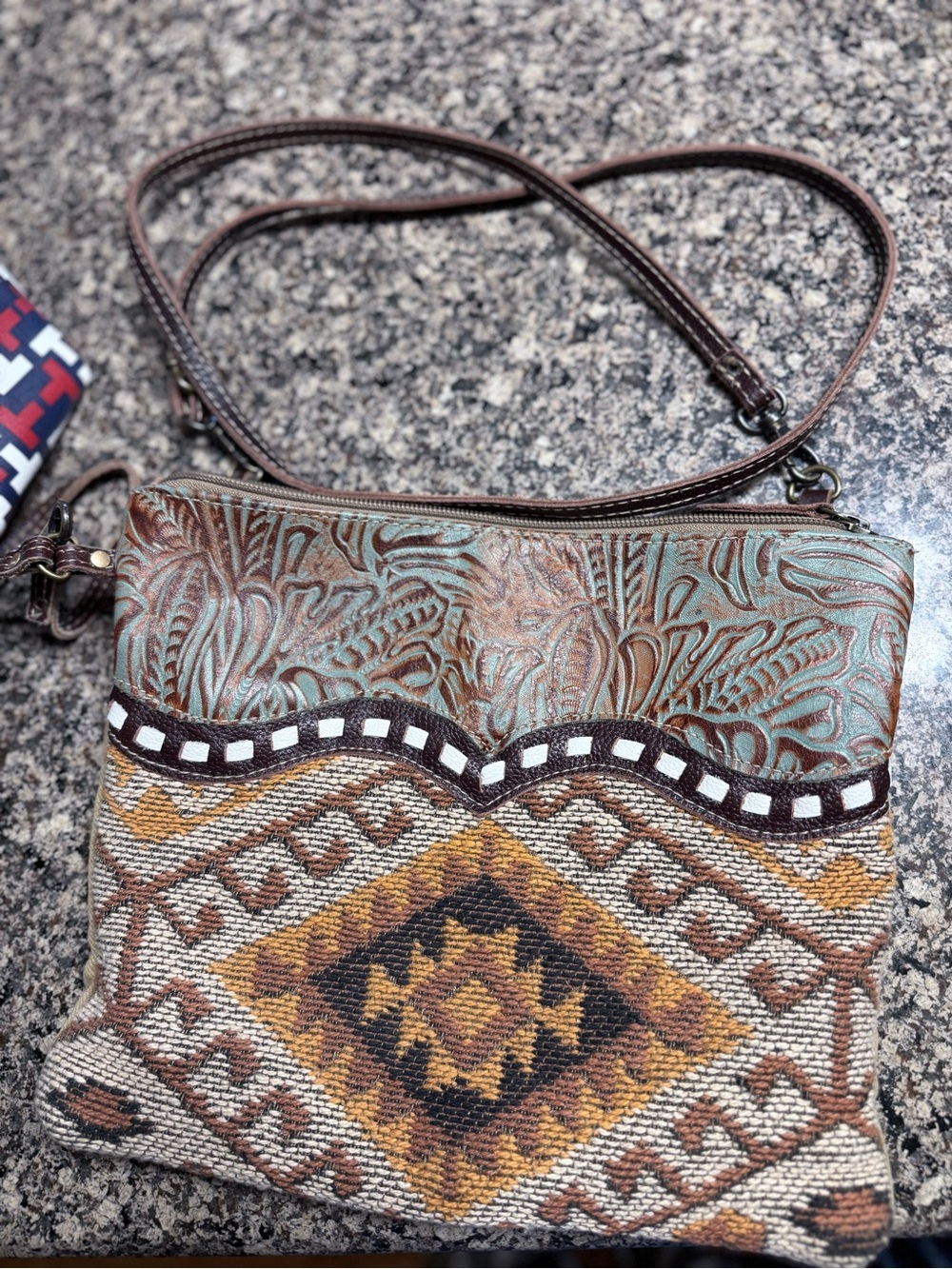 Myra Bag Turquoise & Brown Embossed Southwestern Crossbody